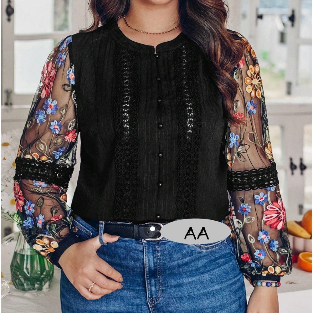 Boho Sheer Mesh Floral Embroidered Button Down Up Shirt Top Blouse Navy Blue - Picture 6 of 8